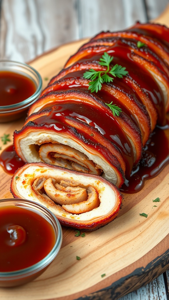 A succulent bacon-wrapped meat roll drizzled with BBQ sauce, garnished with herbs on a wooden platter.